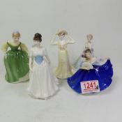 A group of five smaller lady figurines, including Royal Doulton Fair Maiden, Melody and Elaine,
