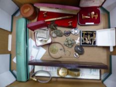 Vintage mechanical wrist watches, silver shield medal and brooch (combined weight 23g), cufflinks