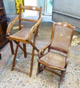 Pair of oak children's chairs, one foldable highchair and one rocking chair both with cane seats.