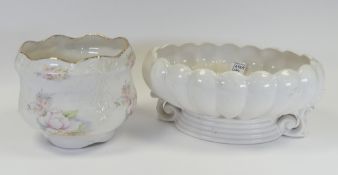 White ceramic footed planter together with Oldcourt Ware scalloped rim planter, decorated with