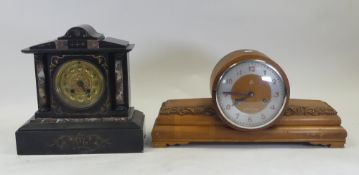 A Victorian style architectural design slate clock together with a 1940s 555 15-day clock with