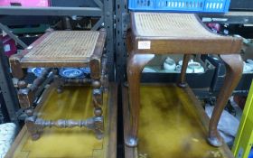 2x Oak footstools, both with rattan tops. One has cabriole supports, the other with turned legs