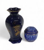Wade for Ringtons 80th Anniversary Maling tea caddy together with cobalt blue and gold decorated