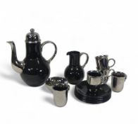 Metallic and black ceramic part coffee set to include coffee pot, milk jug, sugar bowl five coffee