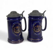 Wade beer steins with hinged lid, decorated in a Navy blue with the letters 'ER' to commemorate