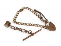 9ct rose gold albert bracelet, with drum charm and t-bar, 14.6g.