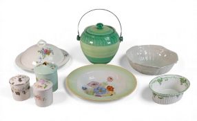 Miscellaneous selection of Shelley Ware consisting of Harmony banded biscuit barrel in green,