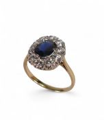 18ct gold dark blue sapphire and diamond ring, size R, 4.6g.