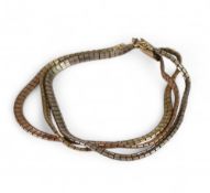 Quality 9ct three colour gold bracelet, 27.3g, one strand broken at clasp.
