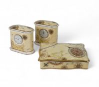 Wedgwood China 'Atlas' design to include:- Two clocks together with a rectangular lidded playing