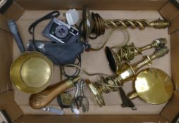 A mixed collection of items to include brass table lamps, pewter cup, brass sauce pan, Olympus