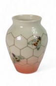 Dennis China Work small vase decorated with honey bees, designed by Sally Tuffin, dated 2000, h.