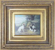 Reproduction Oil Painting depicting a parrot with playful dogs framed within an ornate Victorian era