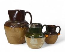 Doulton Lambeth Salt Glazed Stoneware Jugs late 1900cc. Relief design depicting tavern and hunting