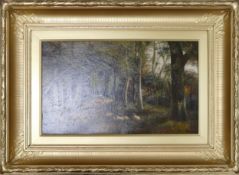 Oil Painting signed by J. Morris depicting Sheep resting in woodland framed within an ornate