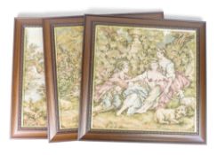 Three oak framed machine made Tapestry Pictures depicting 18th century Courting Couples in a