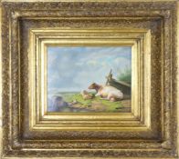 Reproduction Oil Painting depicting Cattle and Sheep Resting in a rural landscape framed within an
