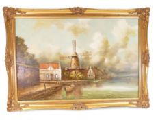 An extra large Oil Painting on canvas in a Gilded Wooden Frame depicting a tranquil river with a