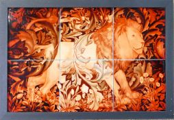 A Vibrant Six Tile Framed William Morris Style 'Lion in the Forest' Wall Art. Measures 34cm high x