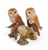 Beswick birds to include two Barn Owls in different colourways, Thorney Owl, Blue Tit 992 and