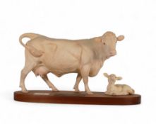 Beswick Charolais Cow and Calf on wooden plinth, H:20cm