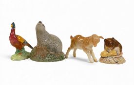 Beswick, Goat Kid 1036, Harvest Mouse 3397, Pheasant 767 and Beneagles Scotch Whiskey Badger