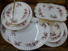 Royal Albert Lavender Rose pattern dinnerware, large gateau plate, 2-tier cake stand, 3-tier cake