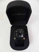 Emporio Armani AR-5841 men's watch featuring a black rubber strap, silver-tone hands and hour