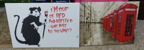 Two modern canvas prints: Banksy Graffiti Rat and a London Street Scene embellished print, size of