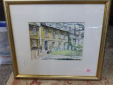 Michael Aubrey framed and glazed pen and wash, In the Churchyard, Oundle, overall size 43cm x 50cm.