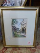 Michael Aubrey framed and glazed watercolour, Church Going, Oundle, overall size 36cm x 42cm.
