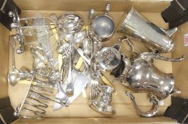 A mixed selection of Silver plated items to include:- coffee pot, water pot, toast rack, cutlery