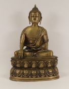 Hindu Brass Buddha Statue, touching the earth with his out stretched hand, (hollow structure) H:-