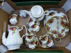 Royal Albert Old Country Roses pattern tea and coffee ware, consisting of a large coffee pot, medium