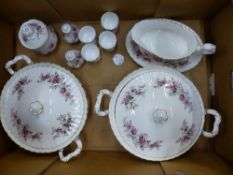 Royal Albert Lavender Rose pattern dinnerware, 2 lidded tureens, gravy boat and saucer, preserve