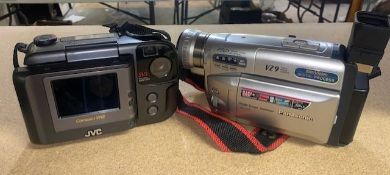 Two cased video cameras: a Panasonic NV-VZ9 and a JVC GR-SV3, both come with associated cables and