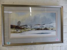 A framed watercolour, 'Snow at Tittesworth', signed FF Errill, overall size 70cm x 45cm.