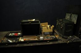 A METAL FILE DRAWER, AN AMMO BOX AND A BOX CONTAINING ENGINEERING TOOLS including hammers,