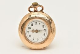 A YELLOW METAL LADIES OPEN FACE POCKET WATCH, hand wound movement, round white dial unsigned, Arabic