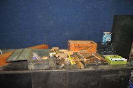 A TRAY, A WOODEN CRATE, A METAL BOX CONTAINING TOOLS including three hide mallets, carving