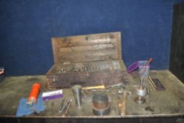 A VINTAGE PINE TOOLBOX CONTAINING METALWORKING AND JEWELLERY MAKING TOOLS including doming stakes,
