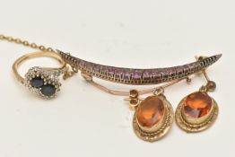 THREE ITEMS OF JEWELLERY, to include a 9ct gold sapphire and diamond double cluster ring, two