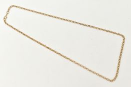 A 9CT GOLD CHAIN NECKLACE, a yellow gold belcher link chain, fitted with a spring clasp, approximate