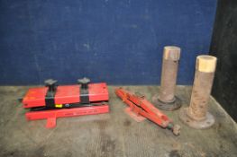 A MOTRAX MOTORCYCLE JACK length 45cm, a car jack (no handle) and a pair of bespoke stands (4)