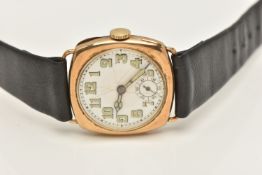 AN EARLY 20TH CENTURY 9CT GOLD WRISTWATCH, hand wound movement, round white dial, Arabic numerals,