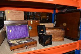 A COLLECTION OF VICTORIAN WOODEN BOXES, comprising a black lacquered tea caddy decorated with a