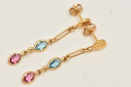 A PAIR OF YELLOW METAL DROP EARRINGS, chain drops each set with a blue and pink paste, to the post