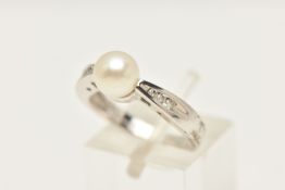 A 9CT WHITE GOLD CULTURED PEARL AND DIAMOND RING, set with a single cream cultured pearl, set with