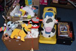 THREE BOXES AND LOOSE VINTAGE AND MODERN TOYS AND SUNDRIES to include a boxed Mattel Harry Potter