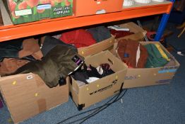 SIX BOXES OF MEN'S AND WOMEN'S CLOTHING, to include sweaters, neck ties, trousers, jackets, unused